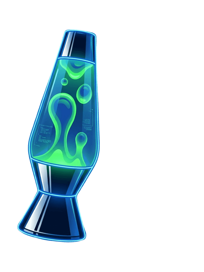 A blue and green lava lamp with liquid and floating wax blobs inside, set against a plain white background.