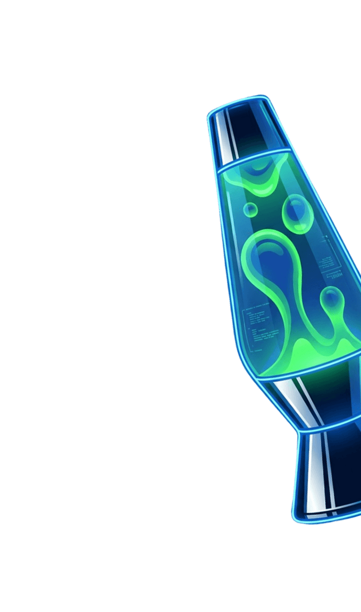 A blue and green lava lamp with swirling liquid patterns, positioned on the right side against a plain light gray background, sets the scene for a Vibecoding con AI expert ambiance.