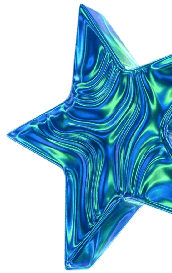 A glossy, metallic blue and green star with a wavy, textured surface, shown against a white background.