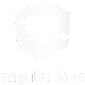 White hexagonal logo with a heart and arrow inside, above the text “angular.love” in lowercase letters on a light background, evoking the creativity and innovation found at an AI developer conference.
