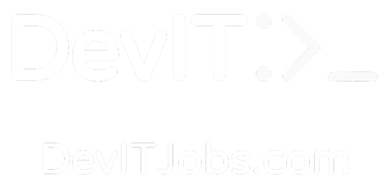 White text logo reads “DevIT:>_” with “DevITJobs.com” below, both on a light background, evoking the modern feel of an AI developer conference.